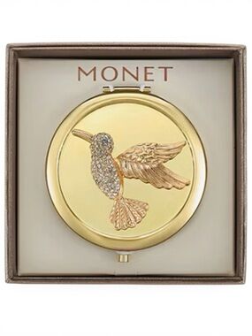 MONET Hummingbird Compact Mirror Gold Tone Rhinestone Figural New in Box Garden